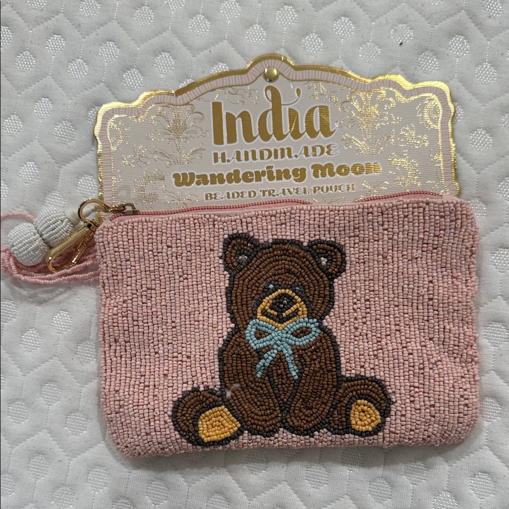 Wandering Moon Pink Beaded Bear Purse